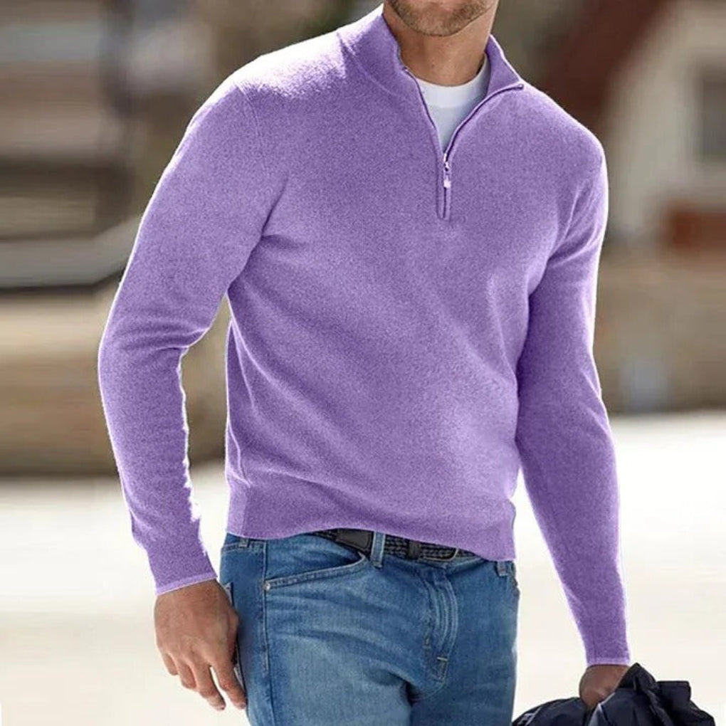 Men's quarter-zip jumper with stand collar and ribbed cuffs