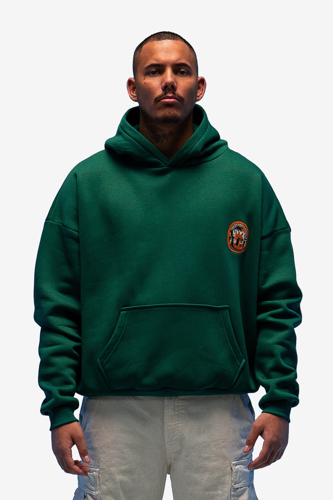 Men's green hoodie with graphic print, hood and kangaroo pocket