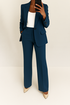Women's two-piece trouser suit set with tailored blazer and wide-leg trousers