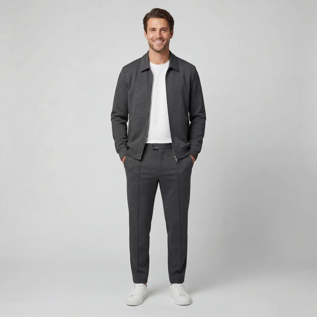 Men's matching jacket and trouser set with zip jacket and drawstring trousers