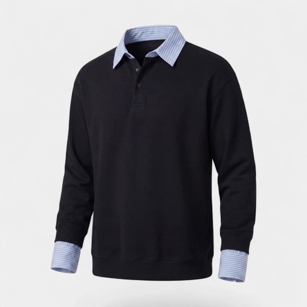 Men's collared sweatshirt with striped collar and button placket