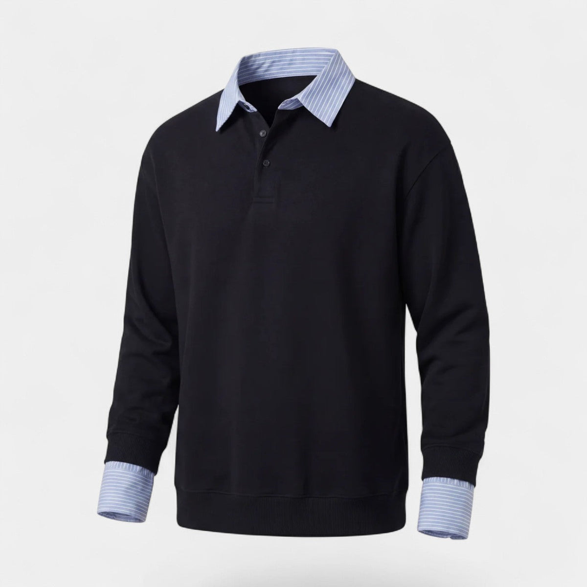 Men's collared sweatshirt with striped collar and button placket