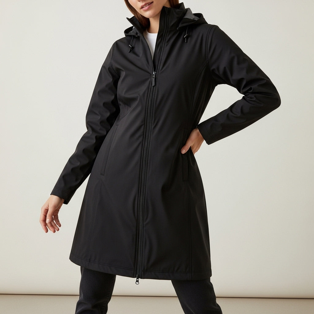 Women's long hooded raincoat with full zip and side pockets