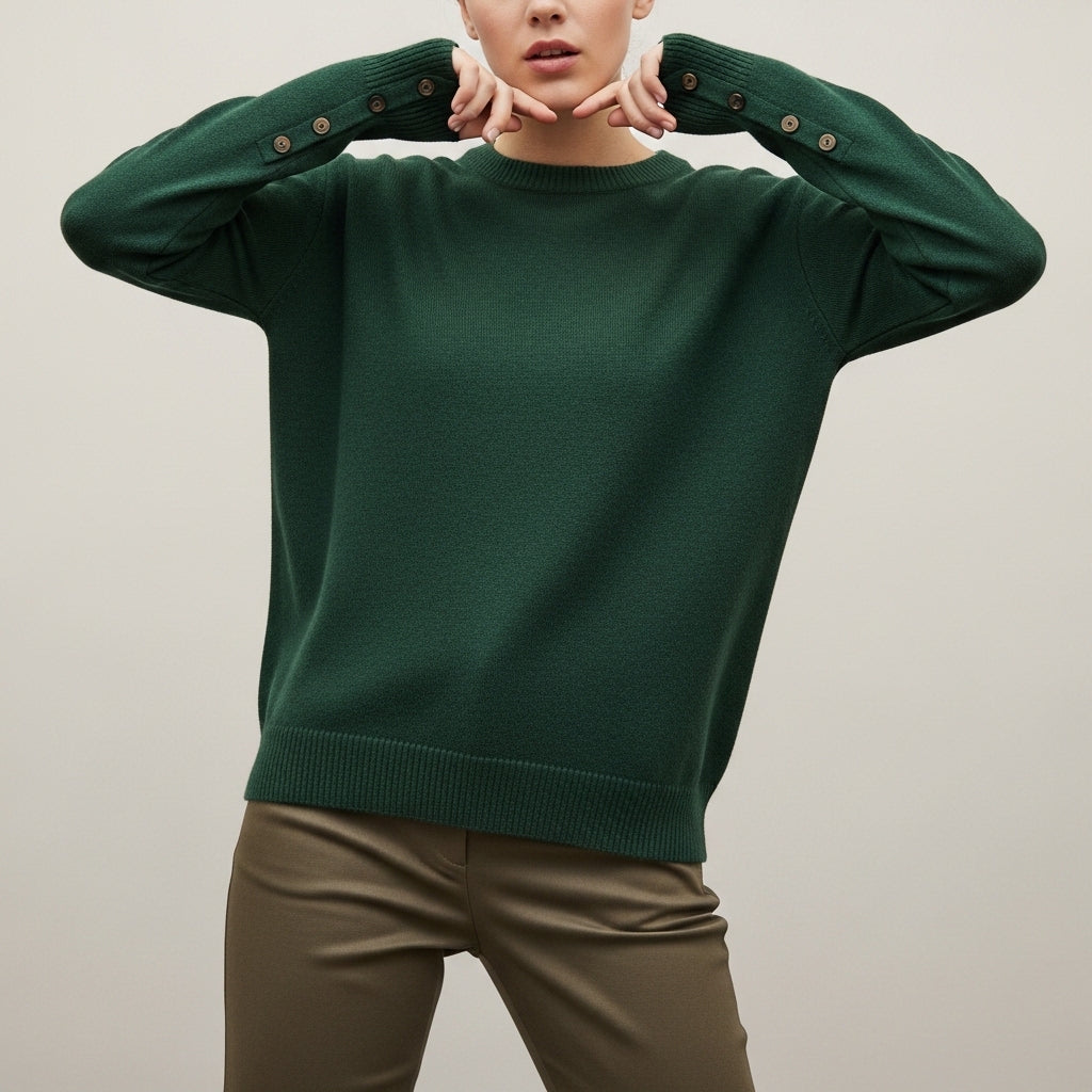 Women's long sleeve crew neck sweater with button details
