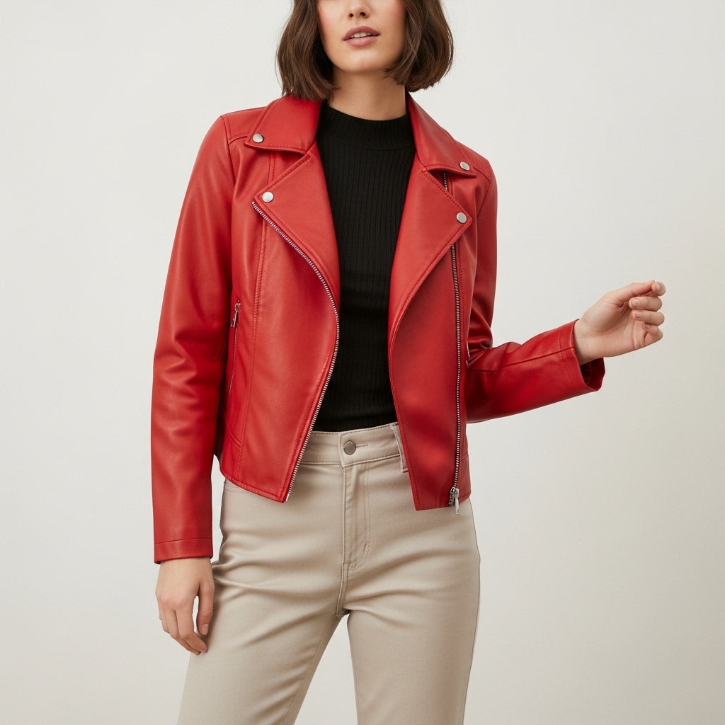 Women's long-sleeve leather biker jacket with notched collar and zip pockets