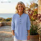 Women's ribbed long-sleeve jumper with split neckline, front buttons and curved hem