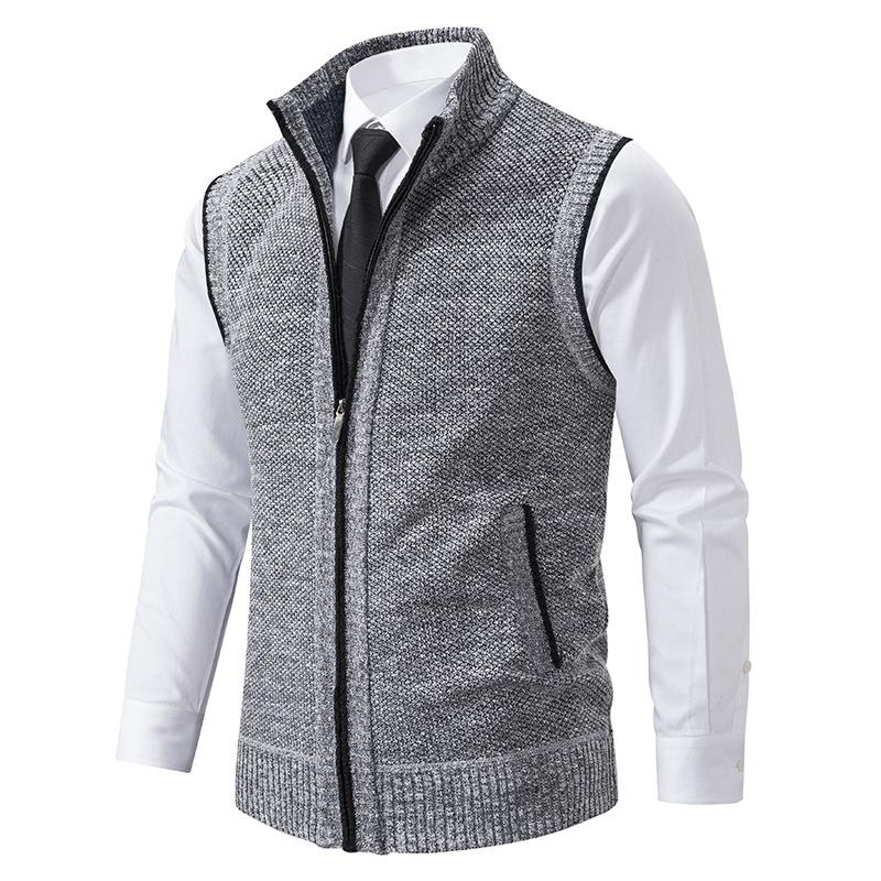 Men's knitted zip-front vest with high collar and pockets