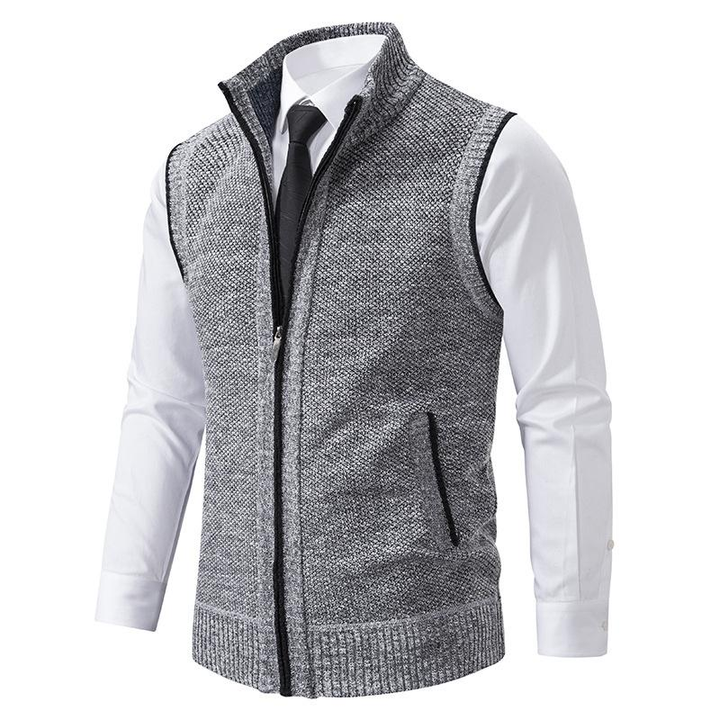 Men's knitted zip-front vest with high collar and pockets