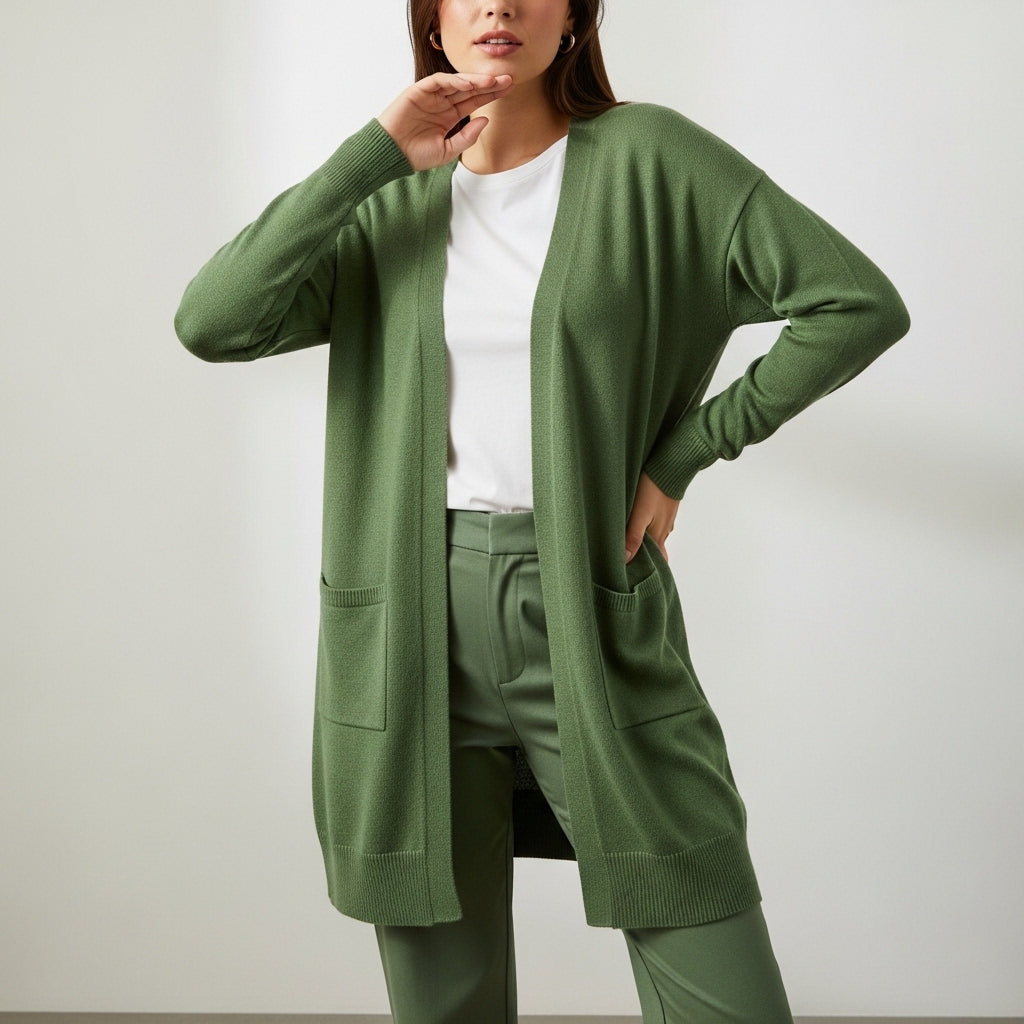 Women's long open-front cardigan with patch pockets and ribbed trims