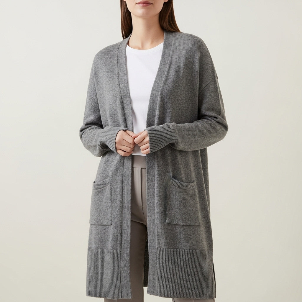 Women's long open-front cardigan with patch pockets and ribbed trims