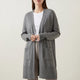 Women's long open-front cardigan with patch pockets and ribbed trims