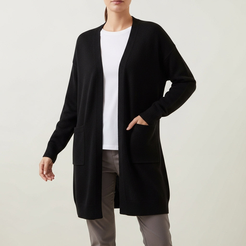 Women's long open-front cardigan with patch pockets and ribbed trims