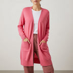 Women's long open-front cardigan with patch pockets and ribbed trims