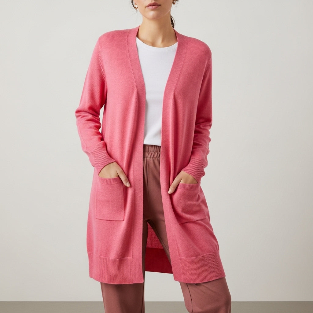 Women's long open-front cardigan with patch pockets and ribbed trims