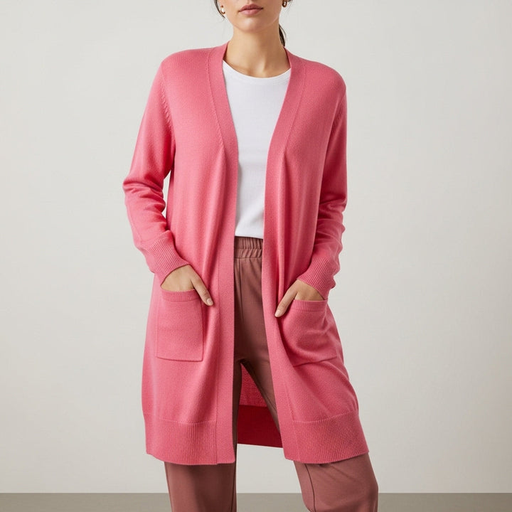 Women's long open-front cardigan with patch pockets and ribbed trims