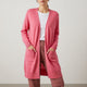 Women's long open-front cardigan with patch pockets and ribbed trims