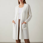 Women's long open-front cardigan with patch pockets and ribbed trims