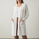 Women's long open-front cardigan with patch pockets and ribbed trims