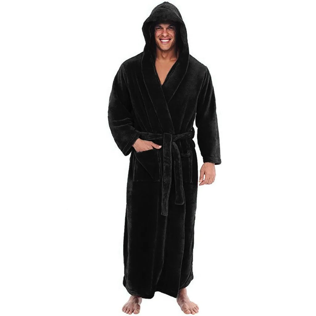 Men's Hooded Plush Fleece Bathrobe