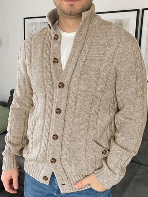 Men's beige cable knit cardigan with mock neck and button front