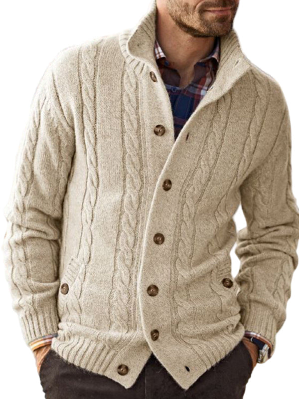 Men's beige cable knit cardigan with mock neck and button front