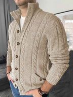 Men's beige cable knit cardigan with mock neck and button front