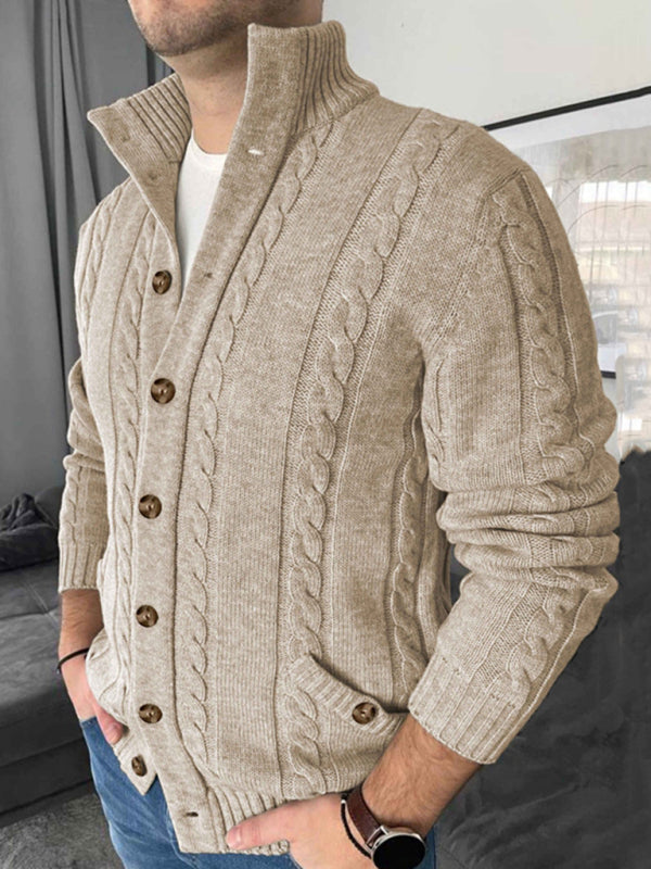 Men's beige cable knit cardigan with mock neck and button front