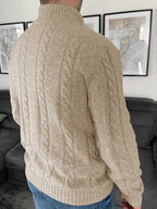 Men's beige cable knit cardigan with mock neck and button front