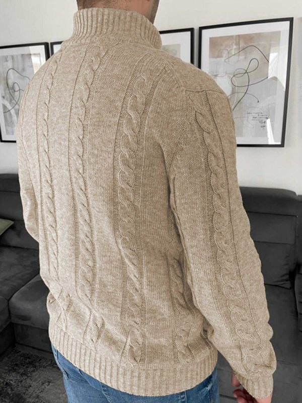 Men's beige cable knit cardigan with mock neck and button front