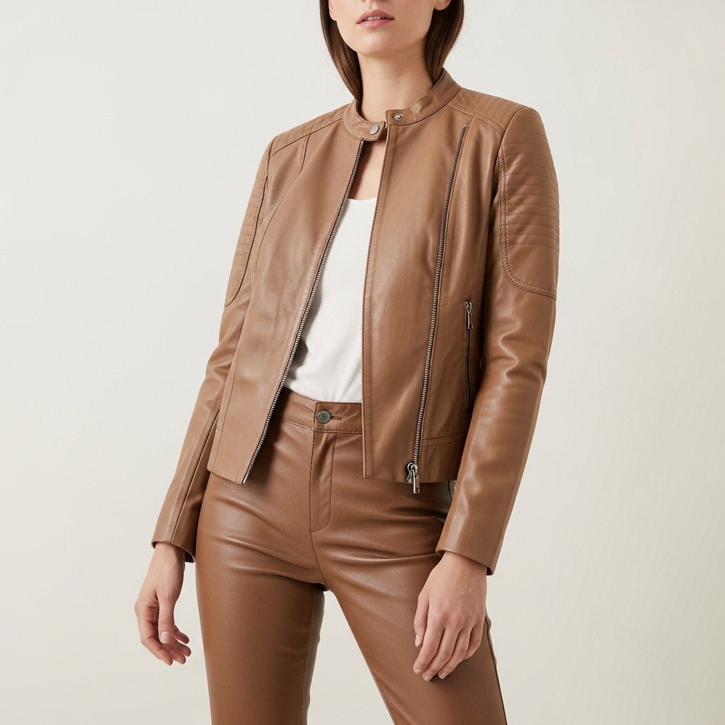 Women's panelled mock neck jacket with front zip and zipped pockets