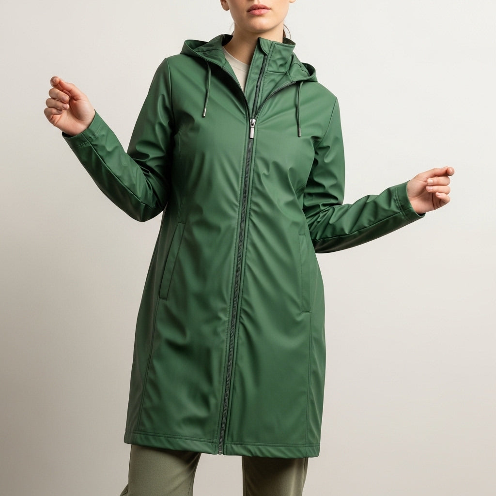 Women's long hooded raincoat with full zip and side pockets