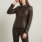 Women's long-sleeve leather biker jacket with notched collar and zip pockets