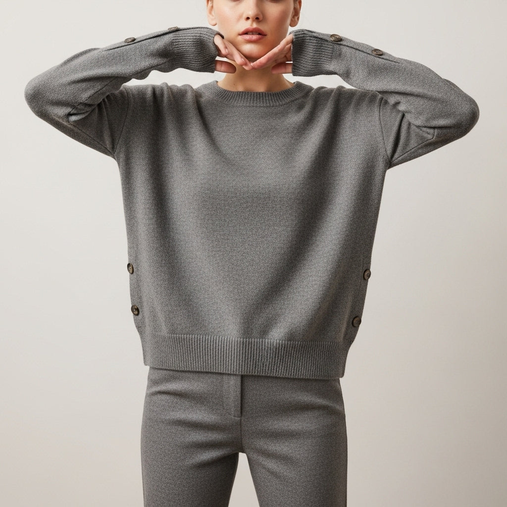 Women's long sleeve crew neck sweater with button details