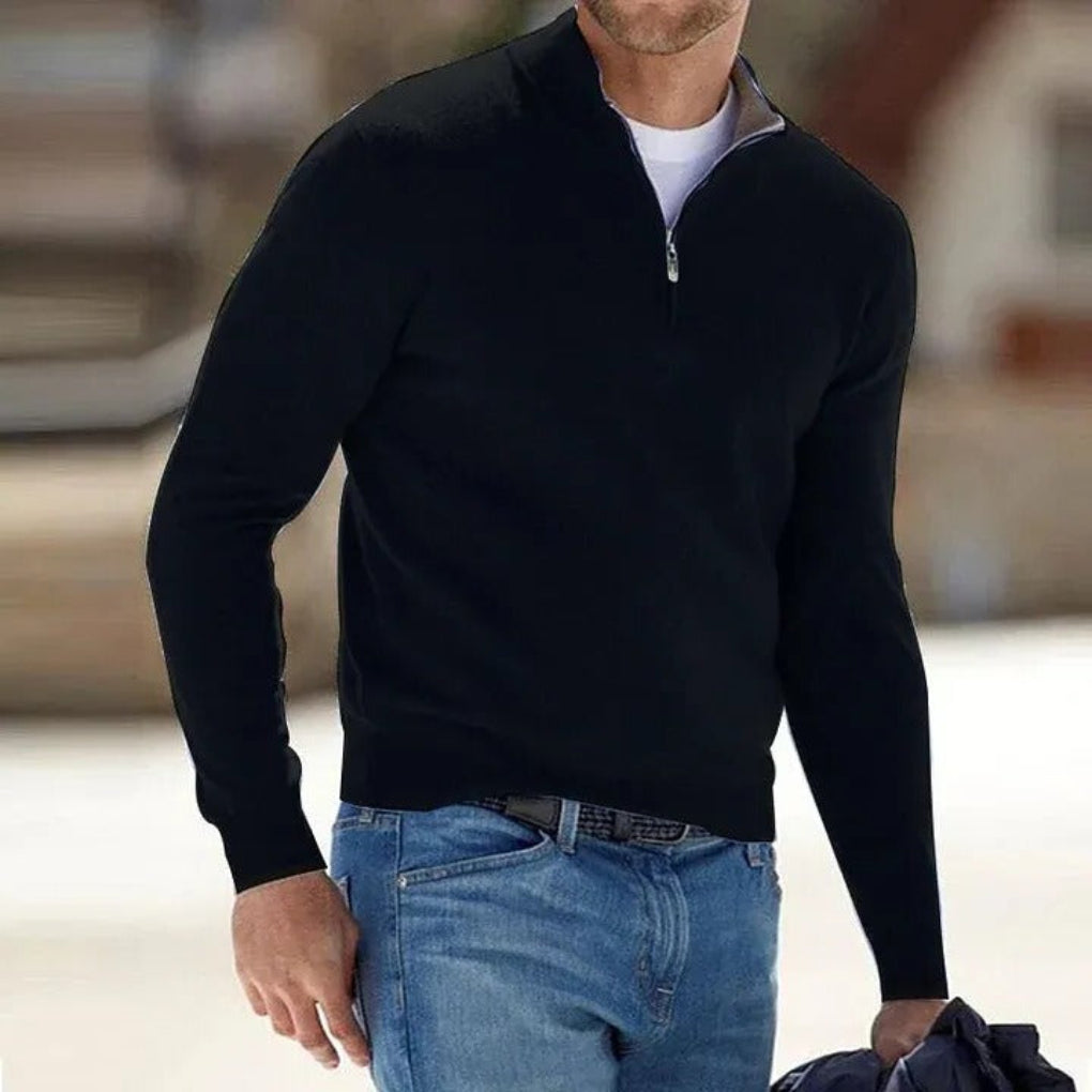 Men's quarter-zip jumper with stand collar and ribbed cuffs