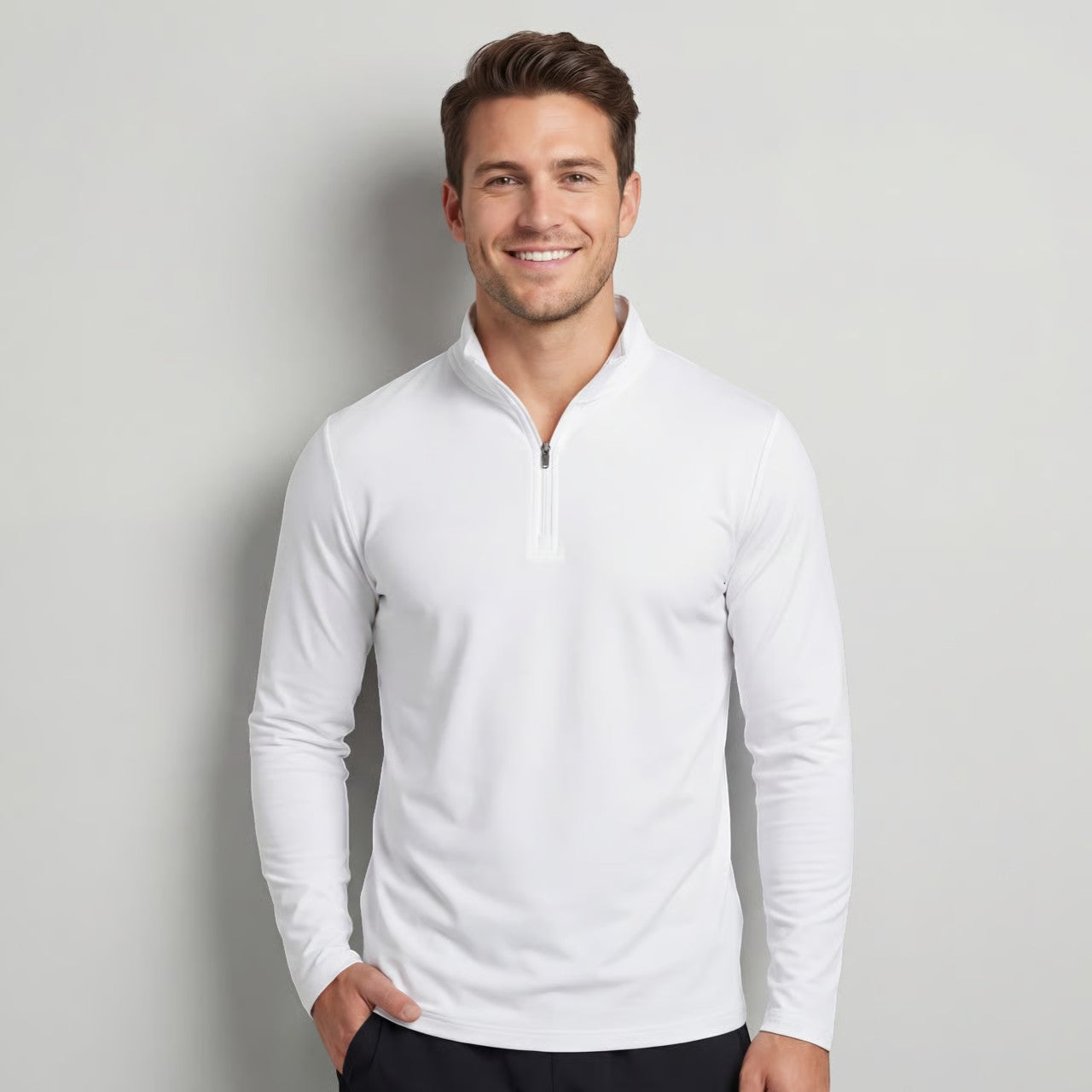 Men's plain quarter-zip sweatshirt with mock neck and long sleeves