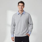 Men's collared sweatshirt with striped collar and button placket