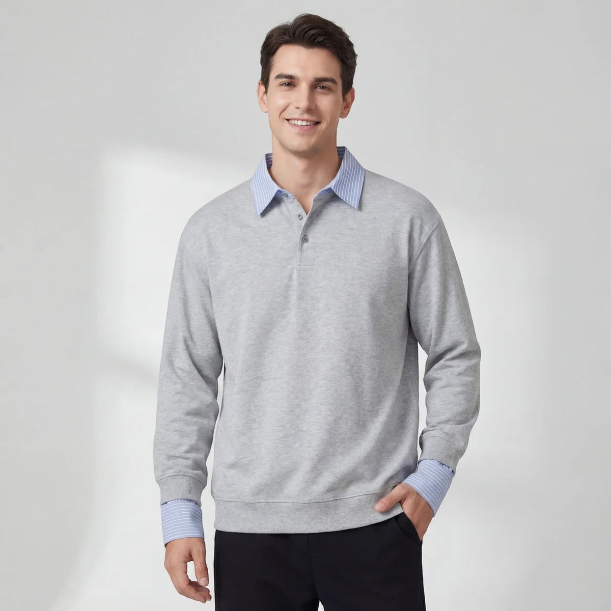 Men's collared sweatshirt with striped collar and button placket