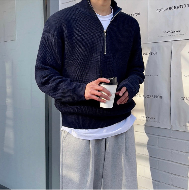 Men's ribbed half-zip jumper with mock neck and long sleeves