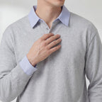 Men's collared sweatshirt with striped collar and button placket
