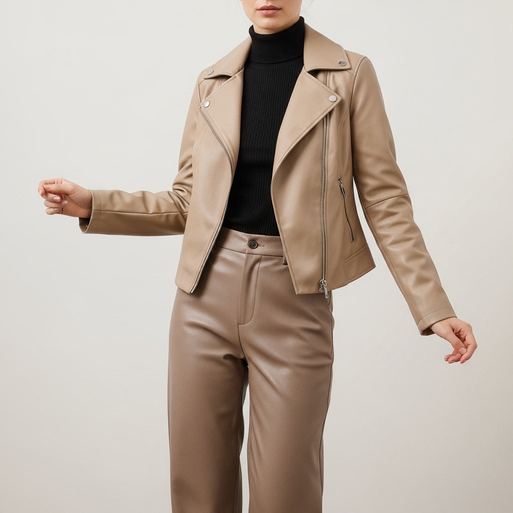 Women's long-sleeve leather biker jacket with notched collar and zip pockets