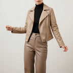 Women's long-sleeve leather biker jacket with notched collar and zip pockets