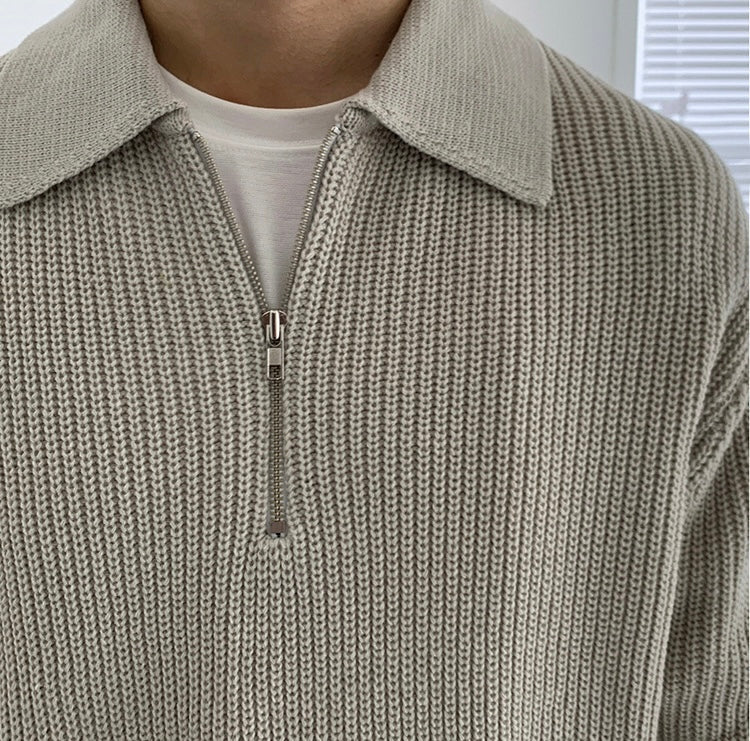 Men's ribbed half-zip sweater with polo collar and long sleeves