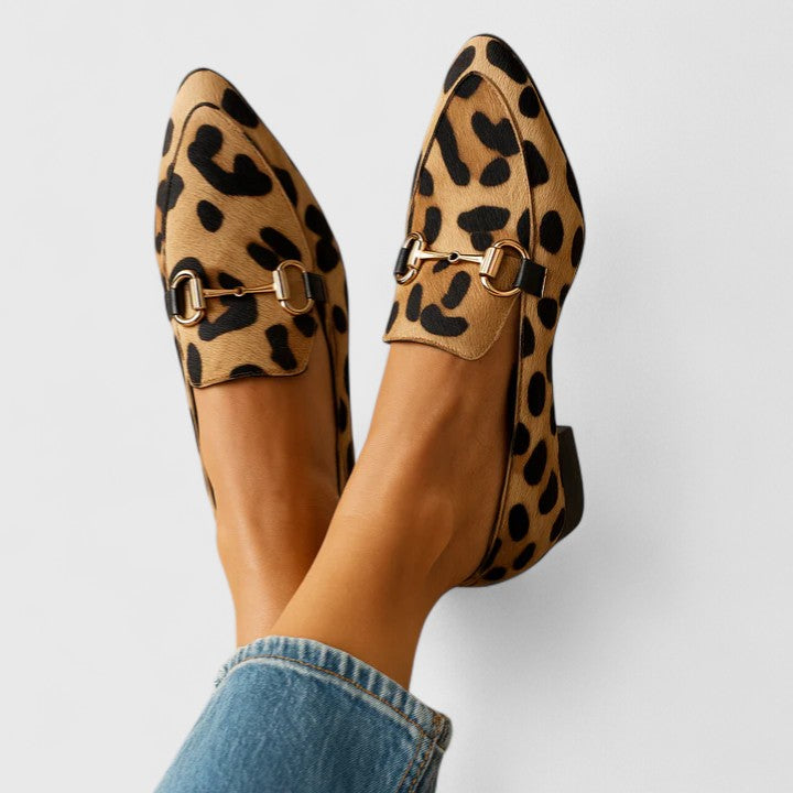 Women's leopard print pointed toe loafers with metal bar detail