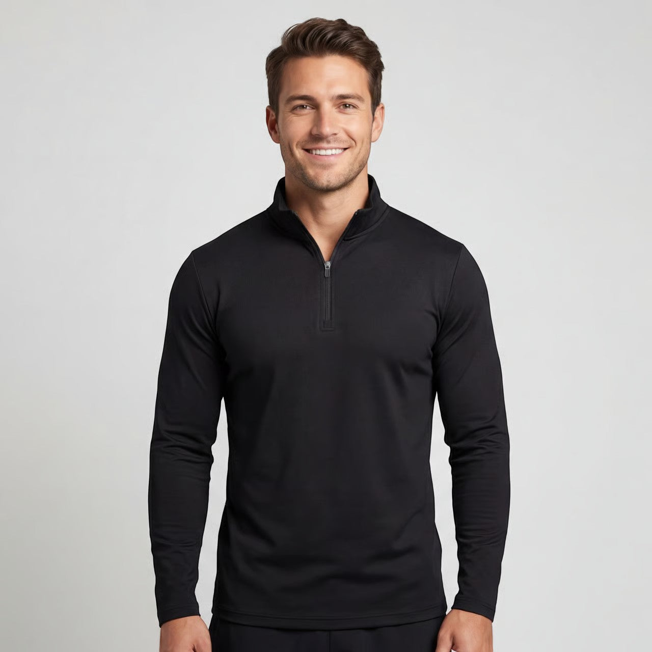 Men's plain quarter-zip sweatshirt with mock neck and long sleeves