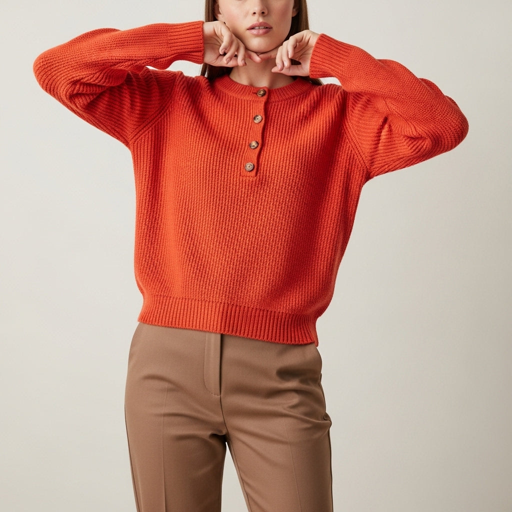 Women's long sleeve crew neck sweater with button details