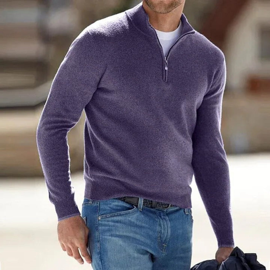 Men's quarter-zip jumper with stand collar and ribbed cuffs