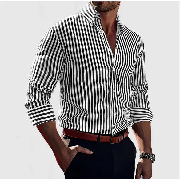 Men's vertical striped shirt with button front and rolled sleeves