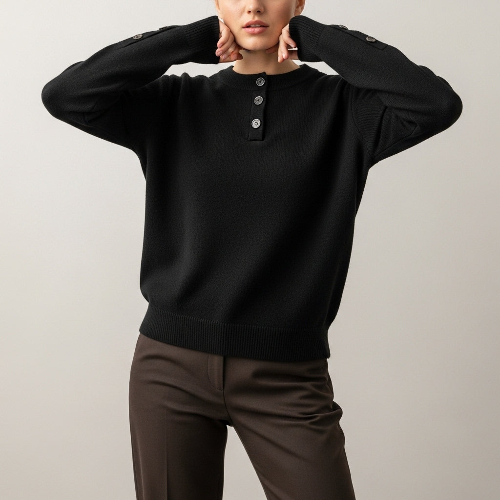 Women's long sleeve crew neck sweater with button details