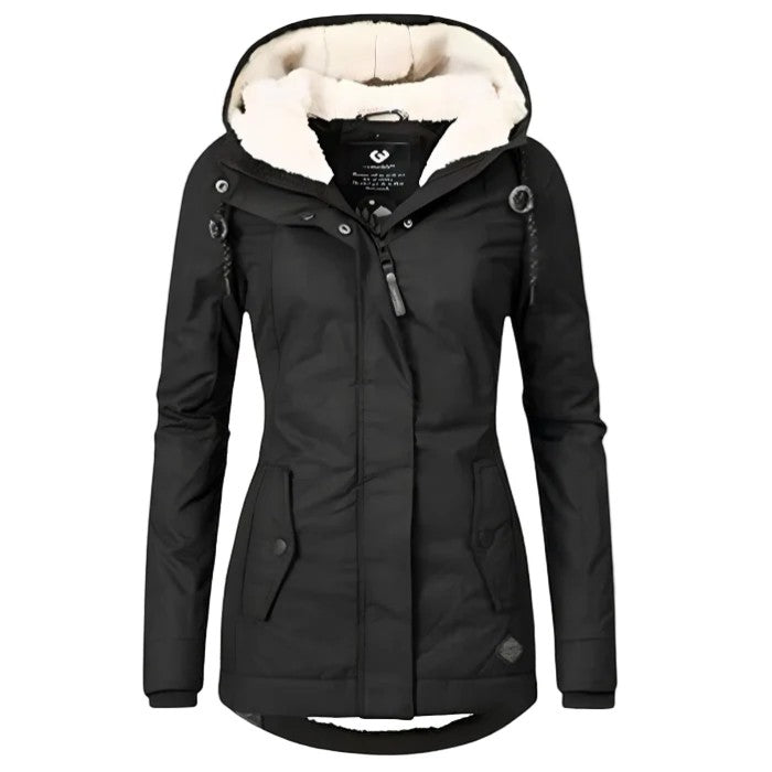 Women's hooded quilted coat with fleece-style lined hood and front zip