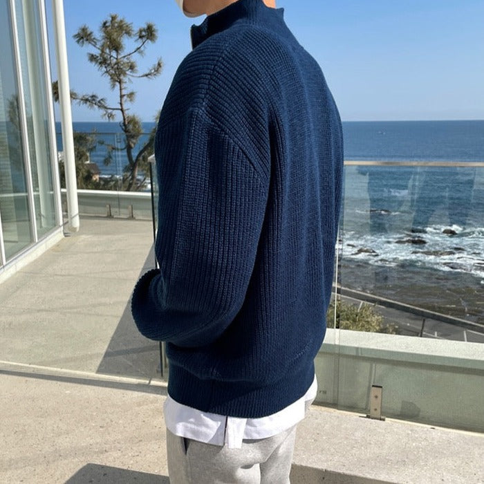 Men's ribbed half-zip jumper with mock neck and long sleeves